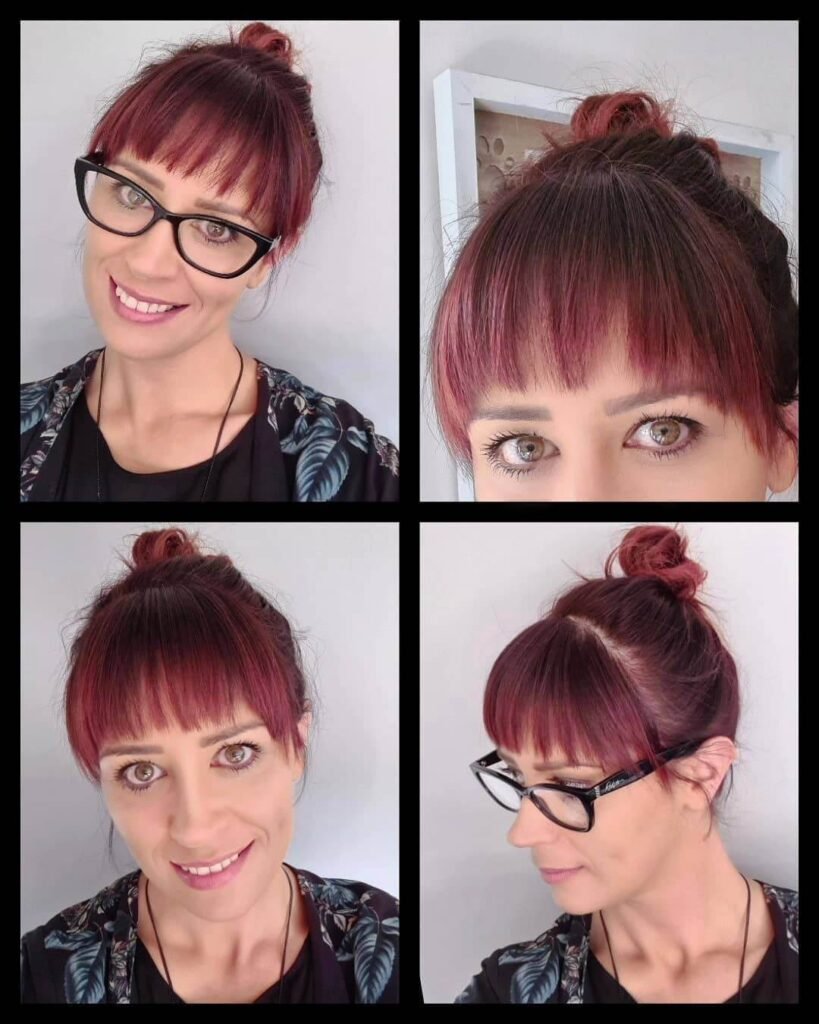 Top knot with choppy bangs

